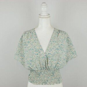 LLove Women's Large White Blue Floral V-Neck Cap Sleeve Dolman Sleeve Blouse